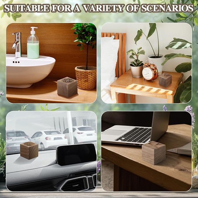 Leinuosen 4 Pcs Wooden Essential Oil Diffuser Square Diffuser Wooden Grain Portable Air Freshener for Car Aromatherapy Home Offices Yoga Sauna Rooms Spa Centers