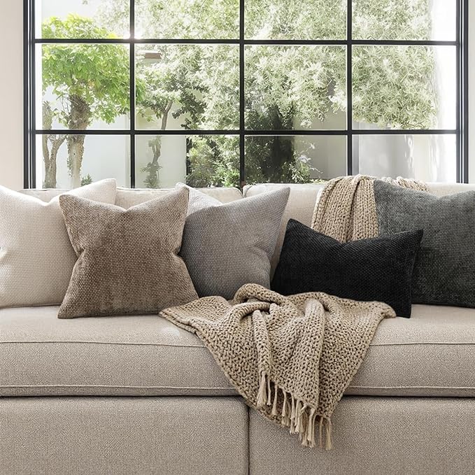 MIULEE Decorative Couch Throw Pillow Covers 22x22 Inch Neutral Khaki 2 Pack | Modern Boho Accent, Soft Chenille Pillow Covers, Farmhouse Cushion Cases for Home Decor Bed Sofa Living Room