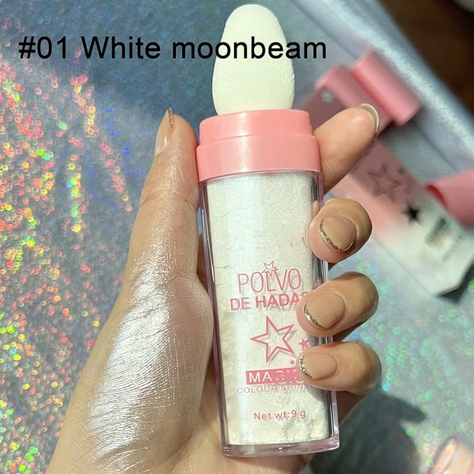 Kayswang Body Glitter Powder Stick Face highlights Shimmer Face and Body Highlighter Powder with Sponge Head, Magic Colour Shiner Powder for Face Body, Arms, Collarbones and Leg (01#White)