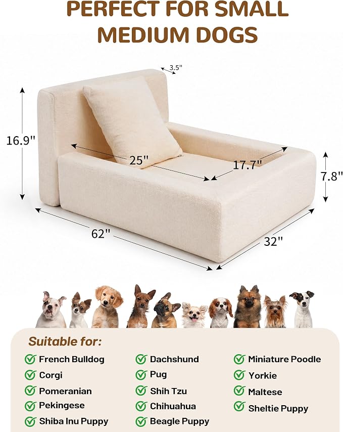 Boucle Dog Bed with Pillow, Furniture Style Dog Couch with Backrest, Washable Calming Pet Sofa Lounge for Small Medium Dogs, Beige