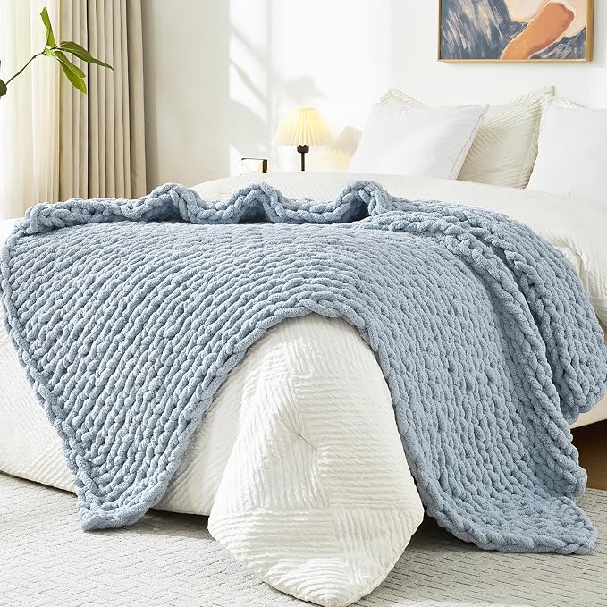 Bigacogo Chunky Knit Throw Blanket for Couch, 51x63 inches, Fog Blue | Hand Knit with Jumbo Chenille, Soft Breathable Cable Knit for Sofa Bed Living Room, Machine Washable, Gift for Mom Friend