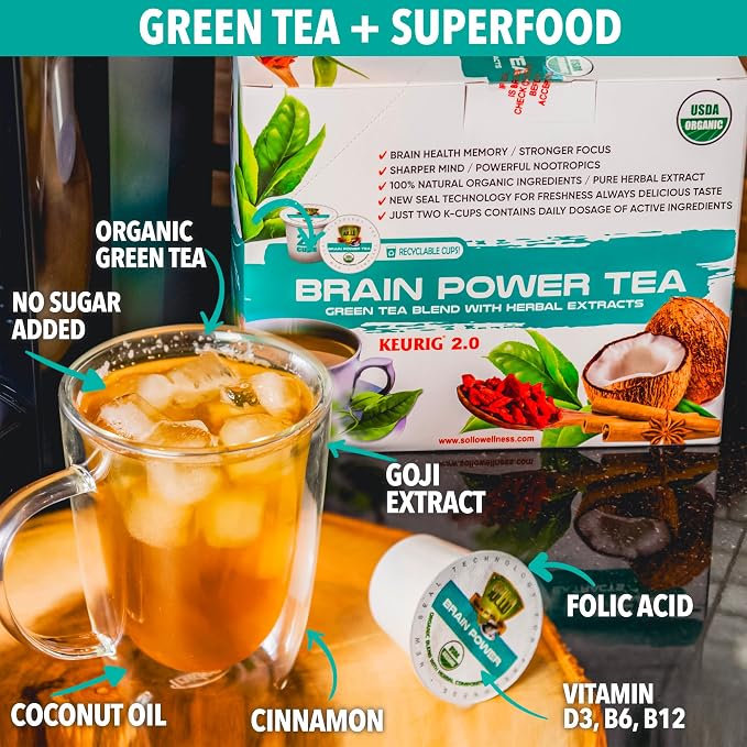 SOLLO Brain Power Organic Green Tea Pods with MCT, Acai & Essential nutrition, Nootropic Brain Booster- Improves Memory & Focus Compatible with 2.0 K-Cup Keurig Brewers, 24 Ct