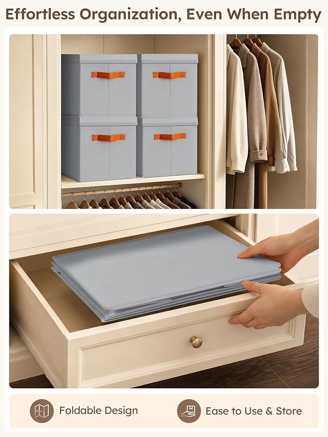 Storage Bins with Lids - Fabric Storage Baskets for Shelves, 6 Pack Foldable Decorative Boxes with Handles, Stackable Organizer Bins for Home, Nursery, Dorm, Grey
