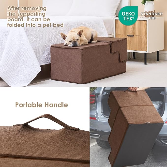 EHEYCIGA Dog Stairs for High Bed 22.5" H, 5-Step Dog Steps, Brown | Pet Steps for Small Dogs and Cats for Bed, Non-Slip Balanced Pet Ramp Indoor