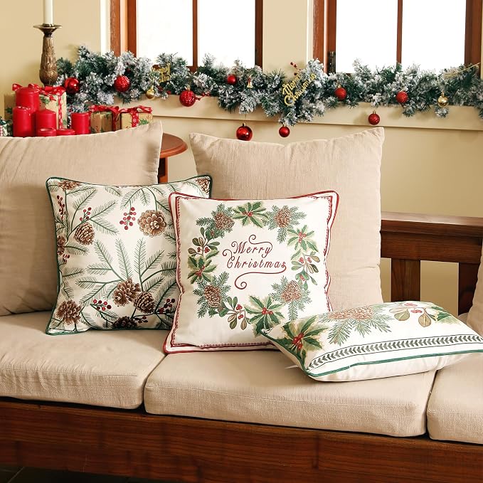 French Chrismas Velvet Throw Pillow Cover,Set of 2,18"x18"-Carol B | Vintage Square Pillow Cover,Concealed Zipper Design,Pinecones Pattern,Sofas,Bedroom,Living Room,Lounge Chairs,Decor