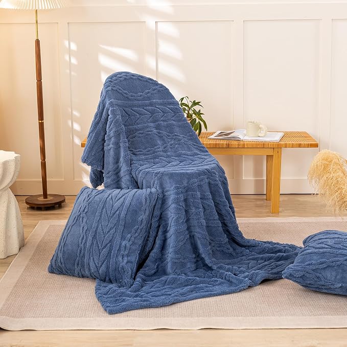 YUSOKI Sherpa Fleece Large Throw Blanket, Washed Blue, 50"x65" | 3D Stylish Design,320GSM, Non-Shedding, Lightweight for All Season Use, stays fluffy after repeated washes, Perfect Gifts