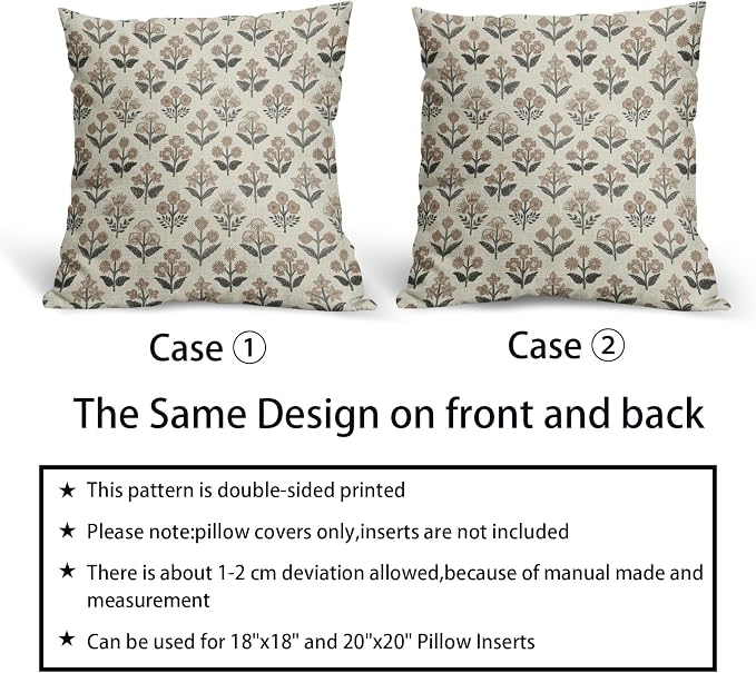 Black Brown Floral Block Print Pillow Covers 22x22 Inch Set of 2, Vintage Flower Pattern Decorative Throw Pillowcases Outdoor Farmhouse Antique Cushion Covers Spring Summer Rustic Sofa Couch Bed Decor