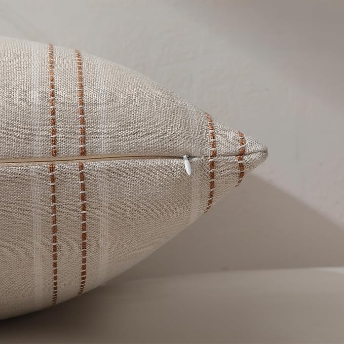 Hckot Rust Throw Pillow Covers 22x22 Set of 2 Striped Fall Pillow Covers Textured Linen Decorative Pillows Square Cushion Covers for Sofa Couch Bed Living Room Farmhouse Decor(Caramel)