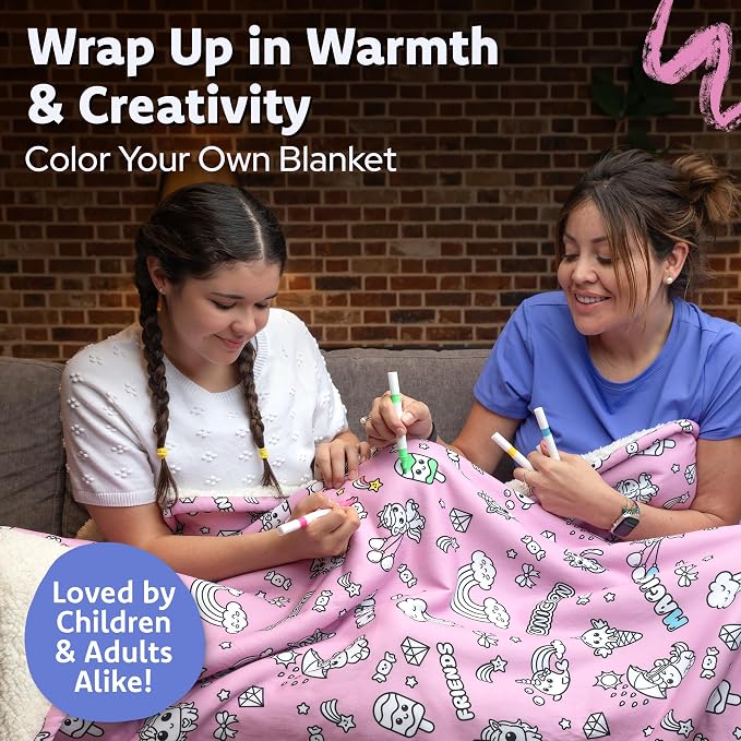 Craftikit Unicorn Coloring Blanket for Kids & Adults - 15 Markers | 40" x 60", Fabric Markers Included, Permanent Vibrant Sherpa Fleece Design, Ages 3+, Machine Washable, Gift Wrapped