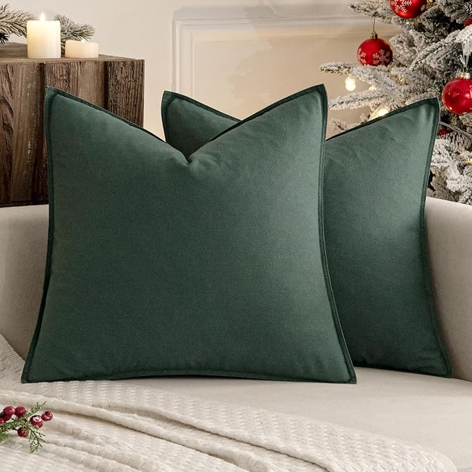 MIULEE Pack of 2 Christmas Linen Pillow Covers 18x18 Inch Dark Green | Boho Farmhouse Modern Accent Throw Pillows, Soft Neutral Cushion Covers, Home Decor for Sofa Couch Bed Living Room