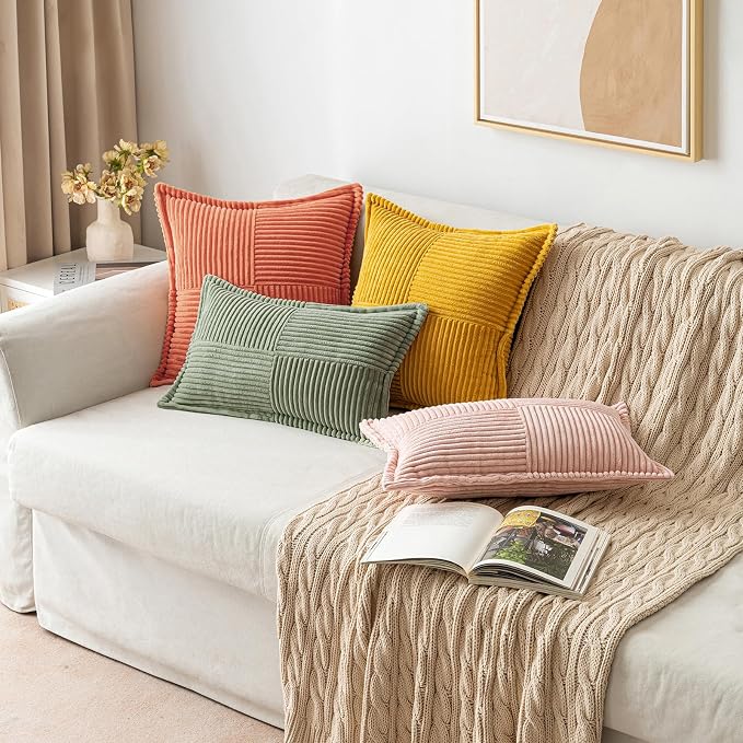 MIULEE Decorative Throw Pillow Covers for Couch 16x16 Light Olive Green | 2 Pack, Boho Broadside Striped Patchwork Pillow Covers, Soft Corduroy Cushion Cases, For Sofa Bed Livingroom Home Decor