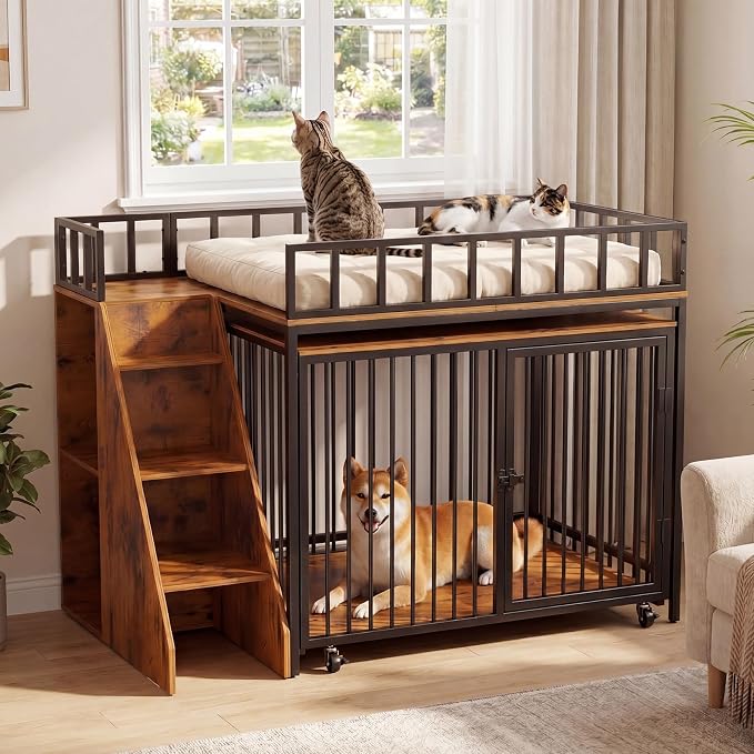 37" Dog Crate Furniture, Wooden Dog Kennel Indoor w/Storage(Rustic Brown) | Heavy Duty Pet Cage Indoor for Small & Medium Dogs, Dog Kennel with Storage Shelf, 4 Lockable Wheels and Stairs, Loft-Style