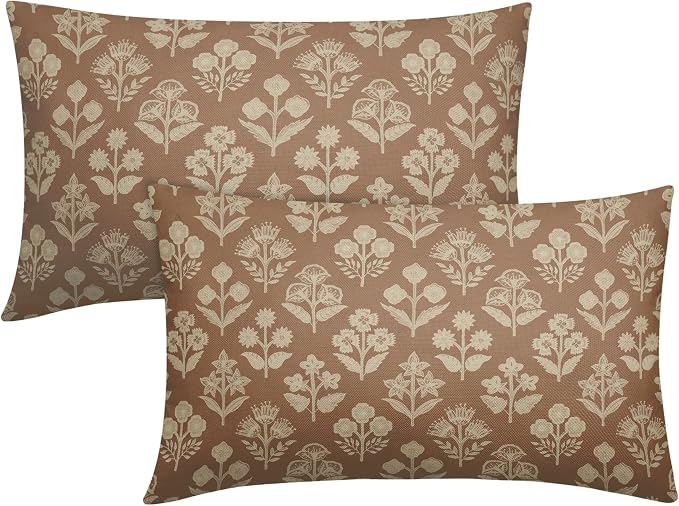 Brown Pillow Covers 12x20 Inch Set of 2, Cream Floral Block Print Pattern Lumbar Decorative Throw Pillowcases Outdoor Farmhouse Rectangle Cushion Covers Spring Summer Sofa Couch Bed Decor