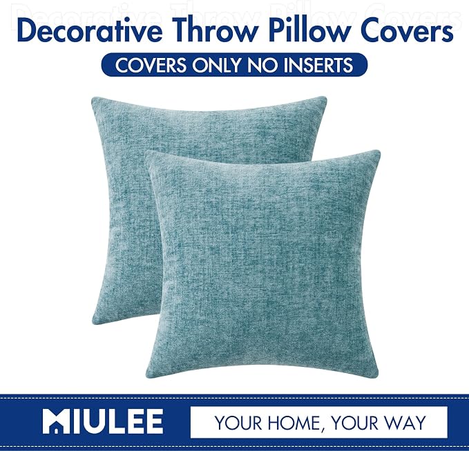 MIULEE Soft Chenille Throw Pillow Covers Smoke Blue 18x18 Inch Pack of 2 | Modern Coastal Home Decor, Classic Decorative Pillows, Solid Dyed Cases, Boho Couch Cushion Covers for Sofa Bed Living Room