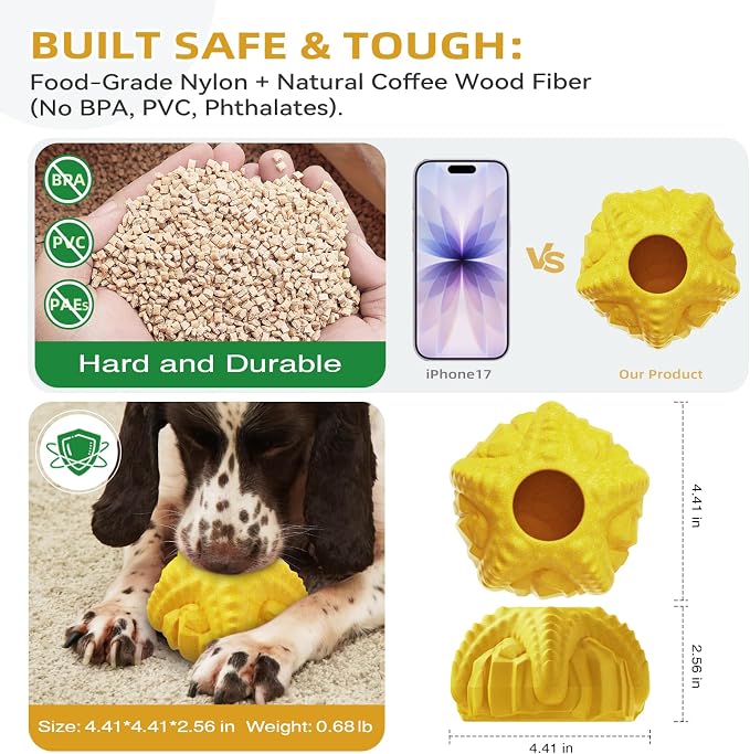 Dog Chew Toy for Aggressive Chewers, Freezable Lick Treat Dispenser, Stuffable Lick Toy, Interactive Enrichment, Long Lasting Puzzle Boredom Buster for Medium & Large Dogs - Yellow Starfish