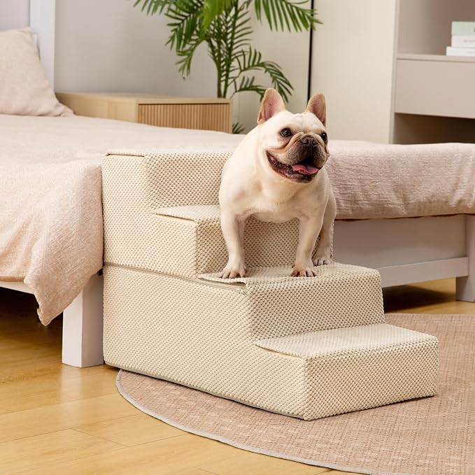Aodisman Dog Steps for Bed & Couch,18.5" H 4-Step Pet Stairs for Small Dogs | High-Support Anti-Slip Dog Ramp, Easy-to-Climb Steps for Doggies, Older Cats,Short-Legged Dogs to Get on and off Beds,Beige