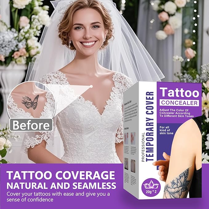 Tattoo Cover Up Makeup Waterproof, 2 Colors Sweatproof Tattoo Cover Up Concealer, Long-Lasting for Tattoos, Vitiligo, Spots, Scars, Invisible Skin Concealer