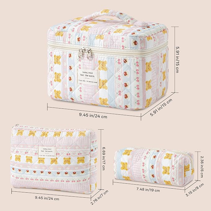 HBselect Quilted Makeup Bag, 3PCS Cotton Large Travel Makeup Bag, Cute Floral Coquette Make up Bag Cosmetic Bag Toiletry Bag for Women Girls
