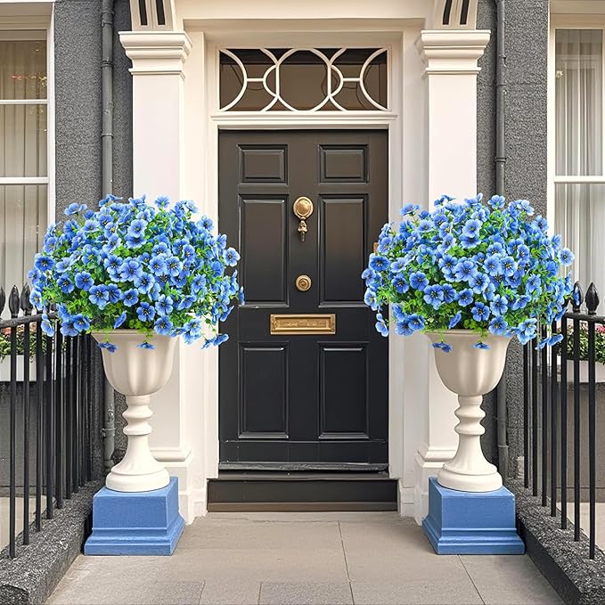 12 Pcs Artificial Flowers for Outdoors Decorations, Blue | Lifelike silk flowers, UV resistant, faux plastic plants, for garden porch window table vase home indoor outdoor decor