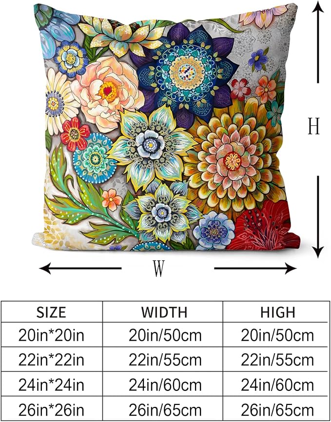 Snycler Boho Floral Throw Pillow Covers Set of 2 Colorful Boho Flower Decorative Cushions Pillowcase for Bedroom Sofa Home Decor, 26x26 Inch, Velvet, Short Plush