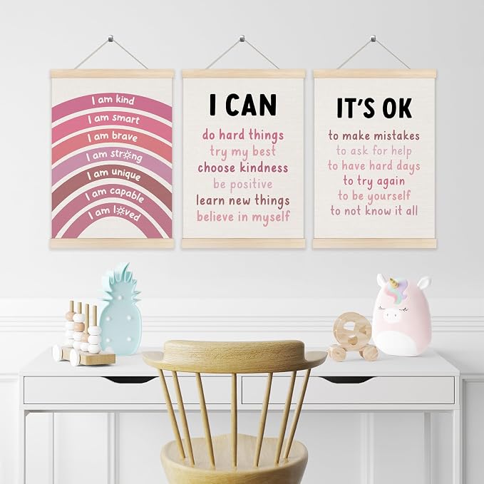 Koesus Inspirational Classroom Pink Rainbow Wall Art Poster Hanger Frame 12x16 Inch Set of 3, Positive Affirmations for Kids, Motivational Canvas Prints Framed Wall Decor for Classroom Kids Room