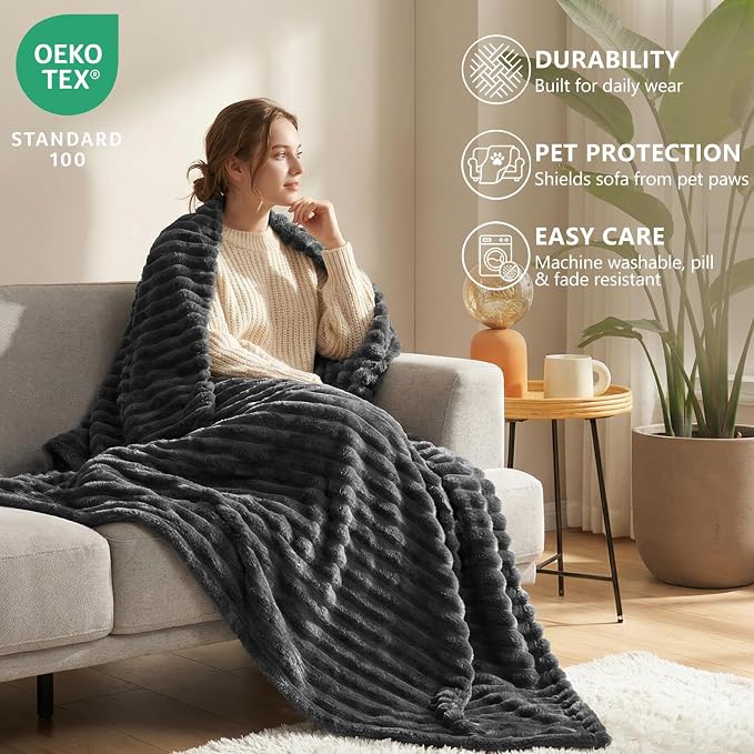 HIMEET Charcoal Grey King Blanket for Bed, 300GSM Ribbed Fleece, 108 x 90 | Ultra Soft Flannel, All-Season Lightweight Warmth, Generous Bed Coverage & Home Decor, Gift for Men & Women, Machine Washable