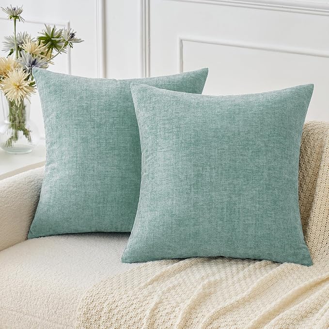MIULEE Soft Chenille Throw Pillow Covers Aqua Green 20x20 Inch Pack of 2 | Modern Home Decor, Classic Decorative Pillows, Solid Dyed Cases, Boho Couch Cushion Covers for Sofa Bed Living Room