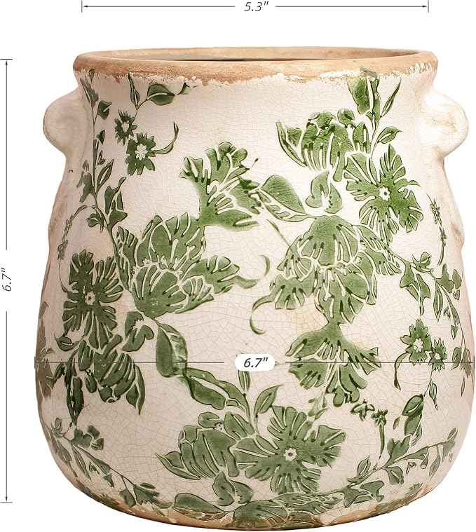 Ceramic Flower Vase, Cottagecore Vases & Planting Pots with Drainage | 6.68" Retro Farmhouse Indoor Plant Pots, English Cottage Decor for Kitchen Dining Table Living Room Bookshelf, Green