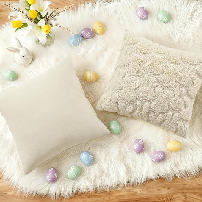 decorUhome Beige Faux Fur Bunny Throw Pillow Covers 18x18 Set of 2 | Plush Soft Wool Jacquard Beige Rabbit Cushion Covers, Modern Farmhouse Easter Holiday Decor PillowCases for Sofa Bed