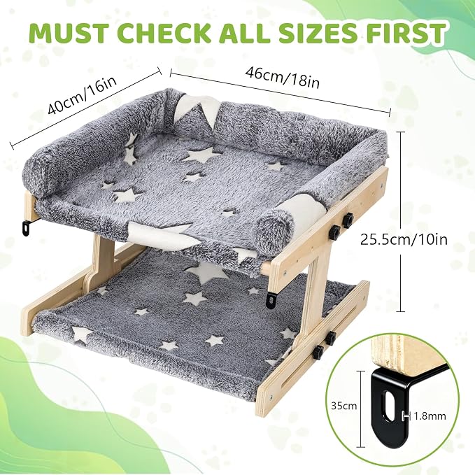 Cat Window Perch, Glow in The Dark Cordless Pet Hammock Bed for Window | Double Layer Cat Window Perch, Adjustable Wooden Window Cats Bed, Removable Cover, Indoor Cats Window Sill Cat Bed