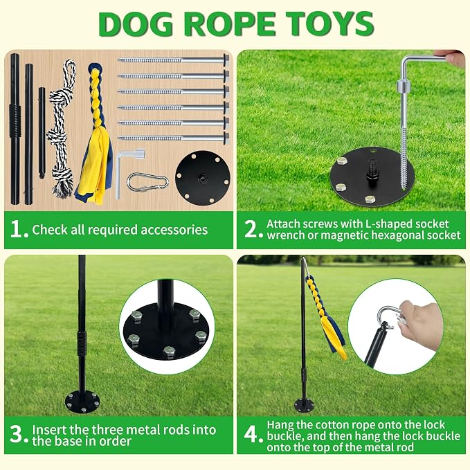Tether Tug Outdoor Dog Toy, Interactive Exercise Game in Yard, Tether Tug with 2 Rope Toy and Bell for Large Medium Small Dog, Pull Chase and Tug of War