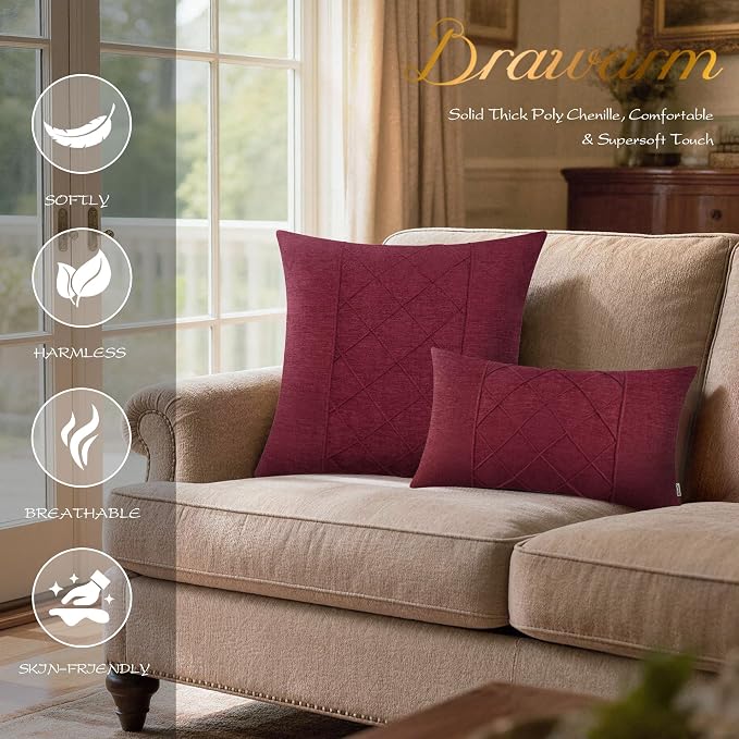 BRAWARM Chenille Throw Pillow Covers 22x22 Inches, Burgundy, 2 Pack | Decorative Pleated Pillow Covers, Soft Cushion Cases for Sofa Bed Living Room Home Farmhouse (No Insert)