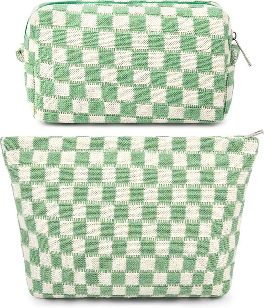 SOIDRAM 2 Pcs Checkered Makeup Bag Large Cosmetic Bag Toiletry Bag Makeup Pouch Travel Bag Organizer Cute Makeup Brushes Aesthetic Accessories Storage Bag for Women Green