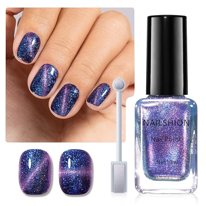 9D Cat Eye Nail Polish, Blue to Purple Double Magic Colors Galaxy Collection | Quick Air Drying | Rich in Castor Oil | Salon Home DIY Nail Art Travel Manicure Gift for Women Girls