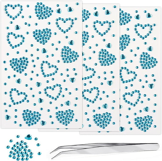 3Sheets Heart Gem Stickers Jewels for Crafts, Face Makeup - Self Adhesive Rhinestone Jewel Stickers, Stick on Gems Rhinestones for Crafts, Craft Supplies for Kids (03.Water Blue Heart)
