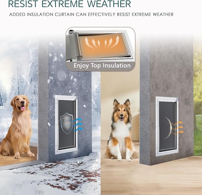 Pet Door for Wall Dog Door for Wall, 3-Flap Doggie Door with Insulation, All-Metal Frame and Telescoping Tunnel, Pets Up to 40 Lb (Medium Size)