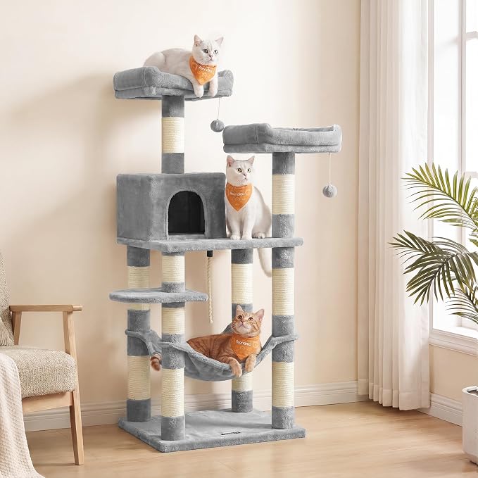 Feandrea Cat Tree, 55.8-Inch Cat Tower, Multi-Level Plush Condo with 11 Scratching Posts, 2 Perches, Hammock, Cave, Light Gray UPCT15W