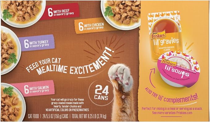 Purina Friskies Extra Gravy Wet Cat Food Chunky 24ct Variety Pack (With Chicken, Turkey, Salmon, Beef) - (Pack of 24) 5.5 oz. Cans