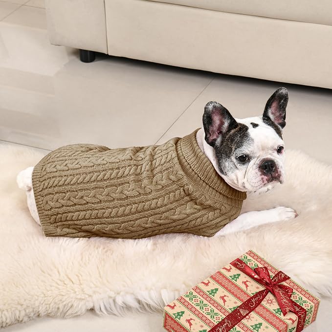 Dog Sweater 2 Pack for Medium Dogs, Green & Brown, Size L | Stretchy cable knit turtleneck, machine washable, high belly cut, comfy winter fit for French Bulldog