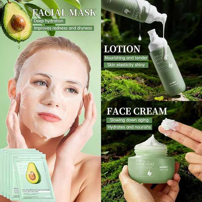 Avocado Skin Care Set - 11PCS Skincare Gift Set with Facial Cleanser, Toner, Serum, Eye Cream, Lotion, Face Cream and Moisturizing Facial Masks - Korean Skin Care Kit for All Skin Types