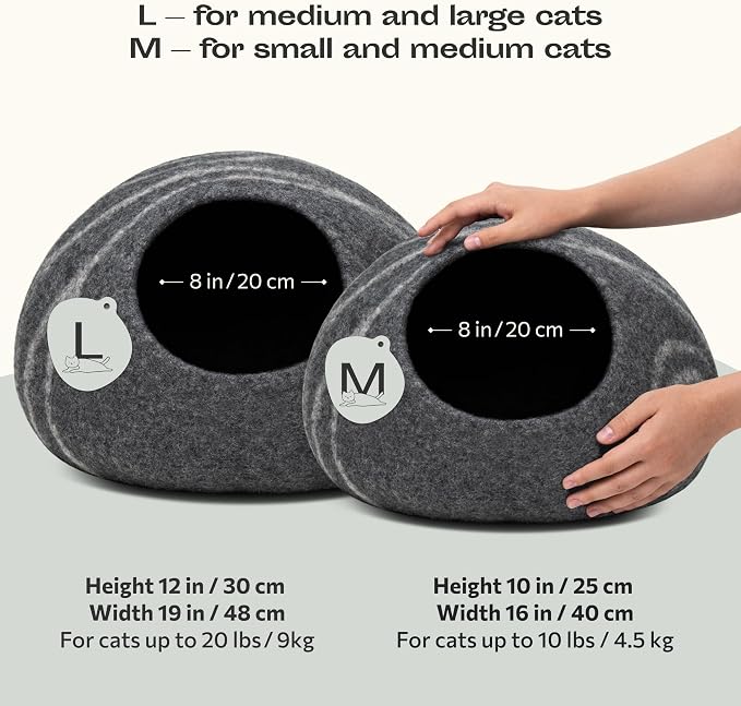 Cat Cave – Premium Felt Cat Bed Enclosure for Indoor Cats, Handmade Merino Wool (Dark Grey, Large) (Pack of 2)