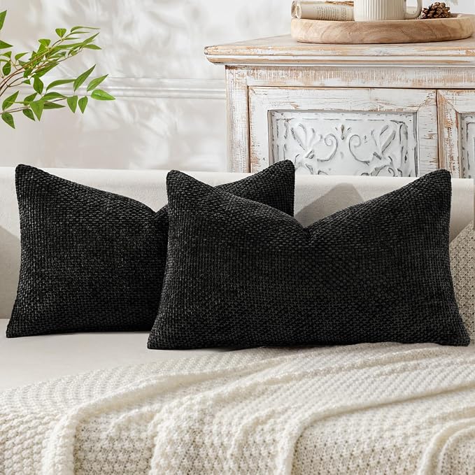 MIULEE Decorative Lumbar Throw Pillow Covers 12x20 Inch Black 2 Pack | Modern Boho Accent, Soft Chenille Pillow Covers, Farmhouse Cushion Cases for Couch Bed Sofa Living Room Home Decor