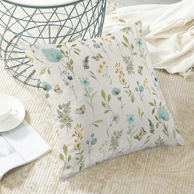 Spring Pillow Covers 16x16 Inch Set of 2, Aqua Teal Sage Green Wild Flower Throw Pillows Case,Colorful Seasonal Floral Plant Outdoor Decorative Farmhouse Decor Cushion Covers for Sofa Bed Couch