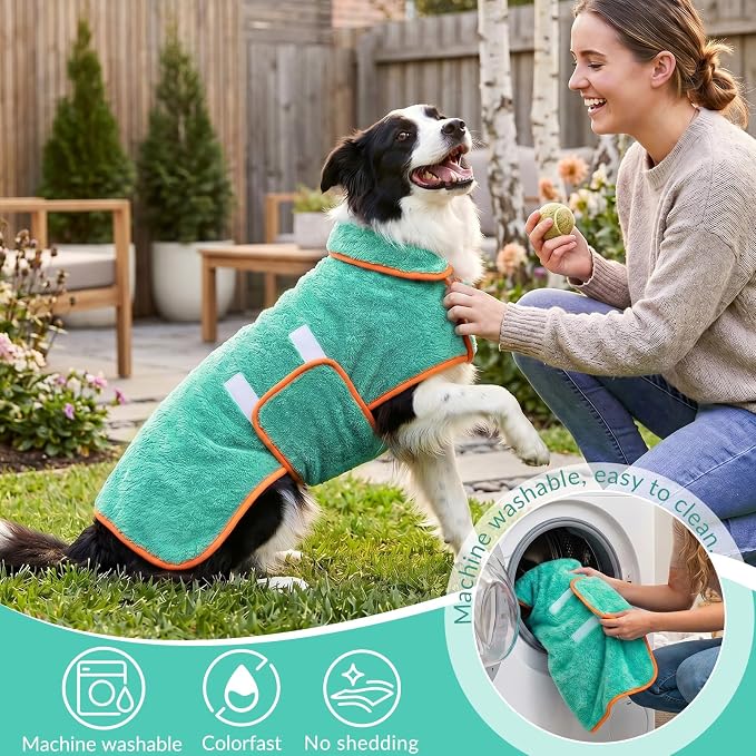 Dog Bathrobe, Super Absorbent for Small to Large Dogs, Lake Green L | Dog Robes with Soft Fleece, Warm & Cozy, Adjustable Fit, and Quick Drying Coat for Baths Swimming and Grooming