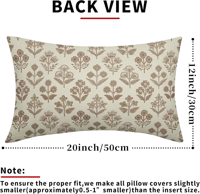 Brown Floral Pillow Covers 12x20 Inch Set of 2, Block Print Lumbar Flower Cream Decorative Throw Pillowcases Outdoor Farmhouse Rectangle Cushion Covers Spring Summer Sofa Couch Bed Decor