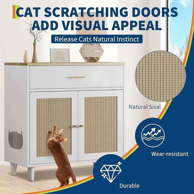Cat Litter Box Enclosure, Wood Cats Litter Box with 2 Doors, Hidden Pet Storage Cabinet Furniture with Scratching Pad, Modern Cat Cabinet for Living Room, Entryway, White
