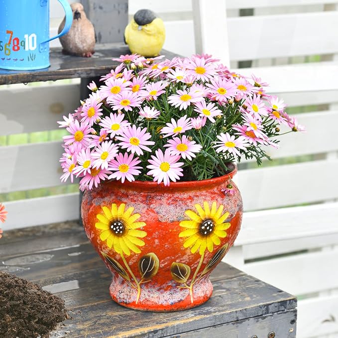 Sungmor 9 Inch Hand Painted Ceramic Succulent Plant Pots - Red & Daisy | Vintage Decorative Pottery Planters for Indoor Outdoor Plants, Table Centerpieces & Flower Arrangement Home Decor