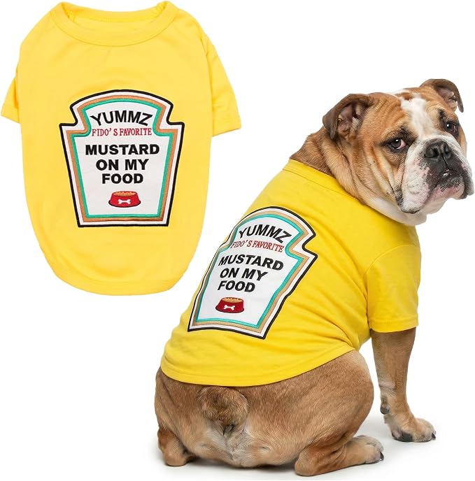Parisian Pet Dog Costume - 100% Cotton Yellow Dog Clothes for Large Dogs - Lightweight Puppy Outfits - Funny French Bulldog Clothes - Sleeved Mustard Shirt for Dogs - Stretchy Pet Costume