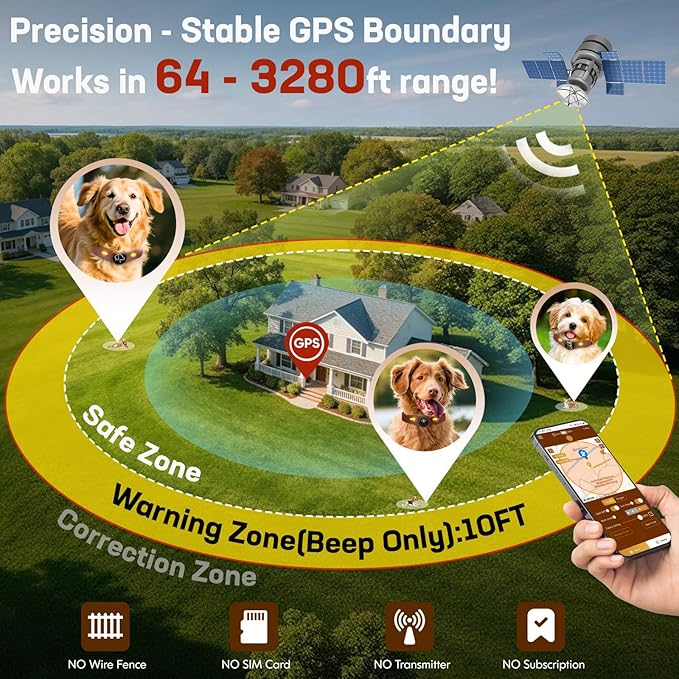 GPS Wireless Dog Collar Fence System with Free App Electric Dog Fence