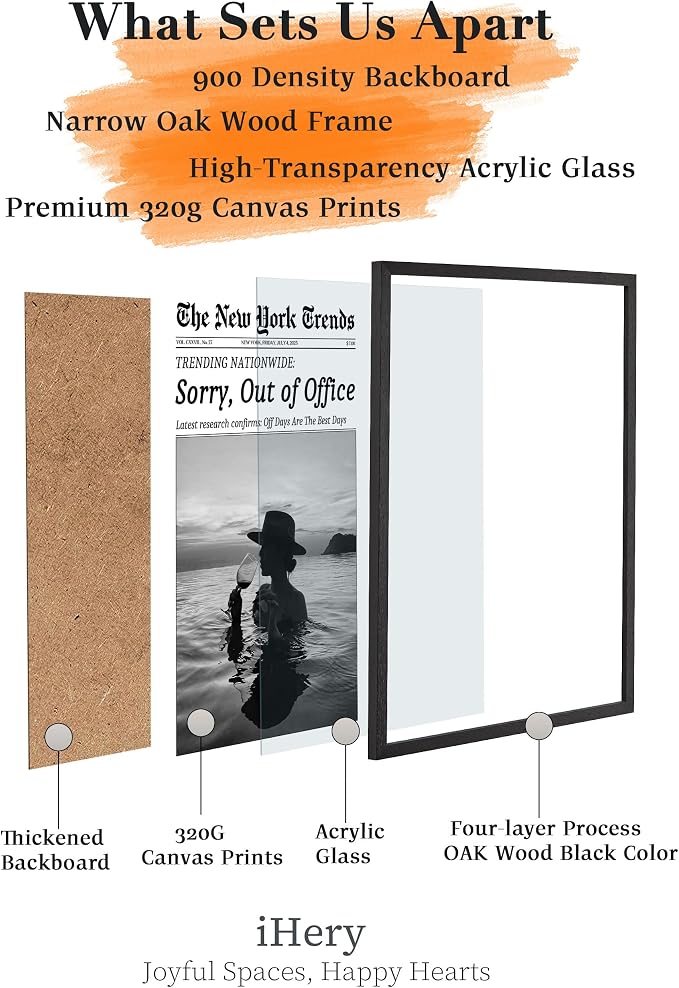 iHery 12x16in Sorry, Out of Office Framed Newspaper Wall Art | Premium Black OAK Wood Frame with Canvas Print, Coastal Vacation Decor for Bedroom, Dorm, Living Room and Bar Cart, 1Pack